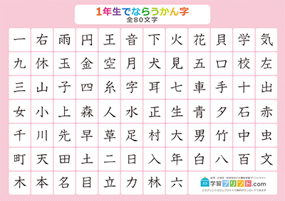 小学1年生の漢字一覧表（漢字のみ） ピンク A4